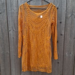 Sheer Mustard Lace Yellow Long Sleeve Mini Dress 6